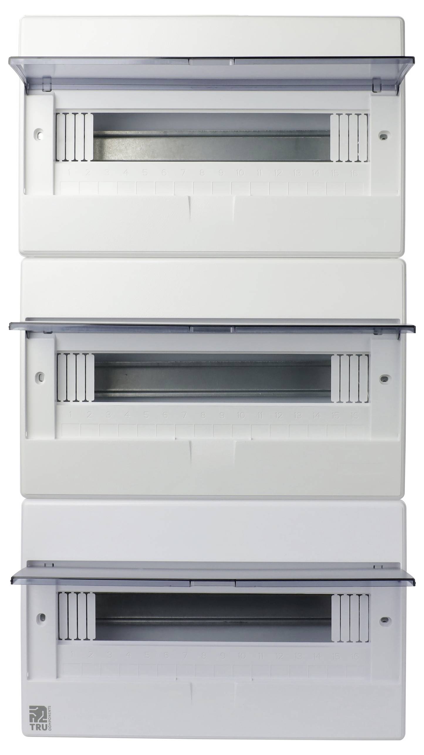 Trois tableaux électriques empilés munis de couvercles transparents, chacun comportant une rangée d'emplacements pour disjoncteurs.