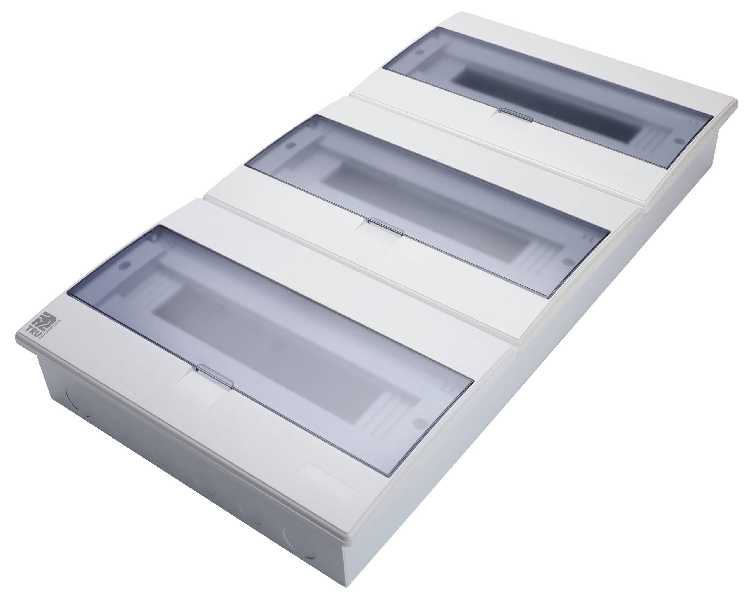 Un panneau électrique rectangulaire blanc en plastique, équipé de trois couvercles transparents teintés de bleu, conçu pour organiser les disjoncteurs.