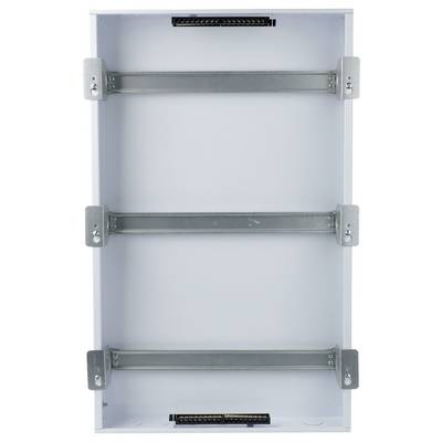 Un support métallique vide à l'intérieur d'un boîtier rectangulaire blanc avec des supports de montage visibles, destiné à l'organisation de composants électroniques.