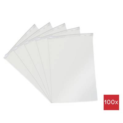 Cinq sacs en plastique transparent légèrement écartés les uns des autres, chacun muni d'une fermeture à glissière. Un boîte rouge dans le coin inférieur droit indique « 100x ».