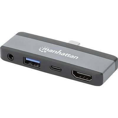 Un adaptateur USB-C avec logo 'manhattan', montrant des ports : USB-A, USB-C, HDMI et une prise d'alimentation ronde.