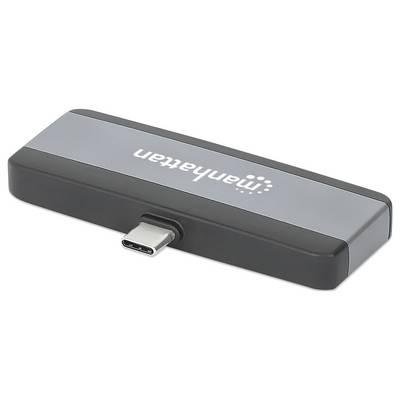 Adaptateur avec connecteur USB-C et boîtier gris, marque 'Manhattan'.