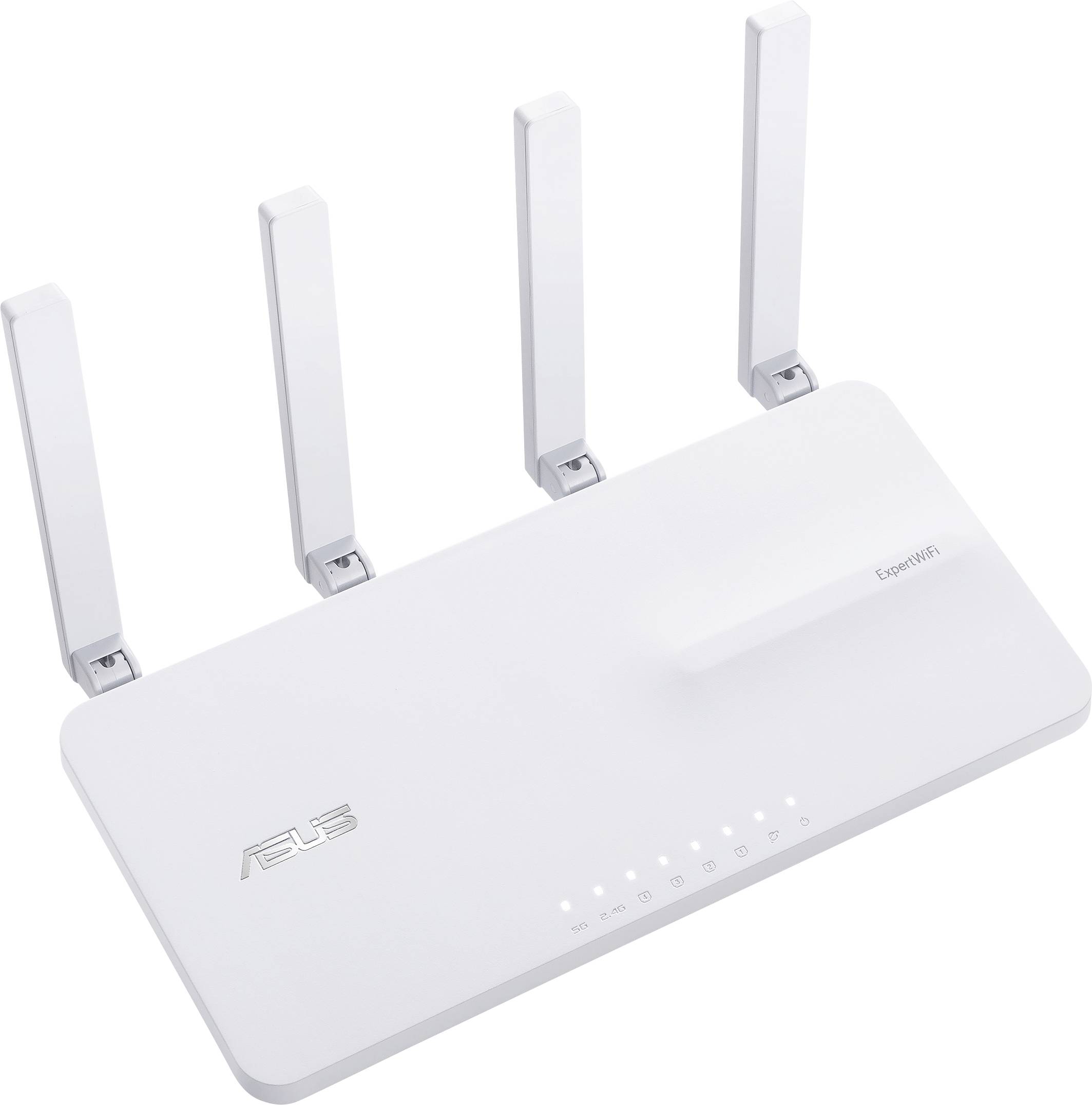 Un routeur Wi-Fi blanc avec quatre antennes verticales et plusieurs voyants LED. Le logo du fabricant est visible au premier plan.