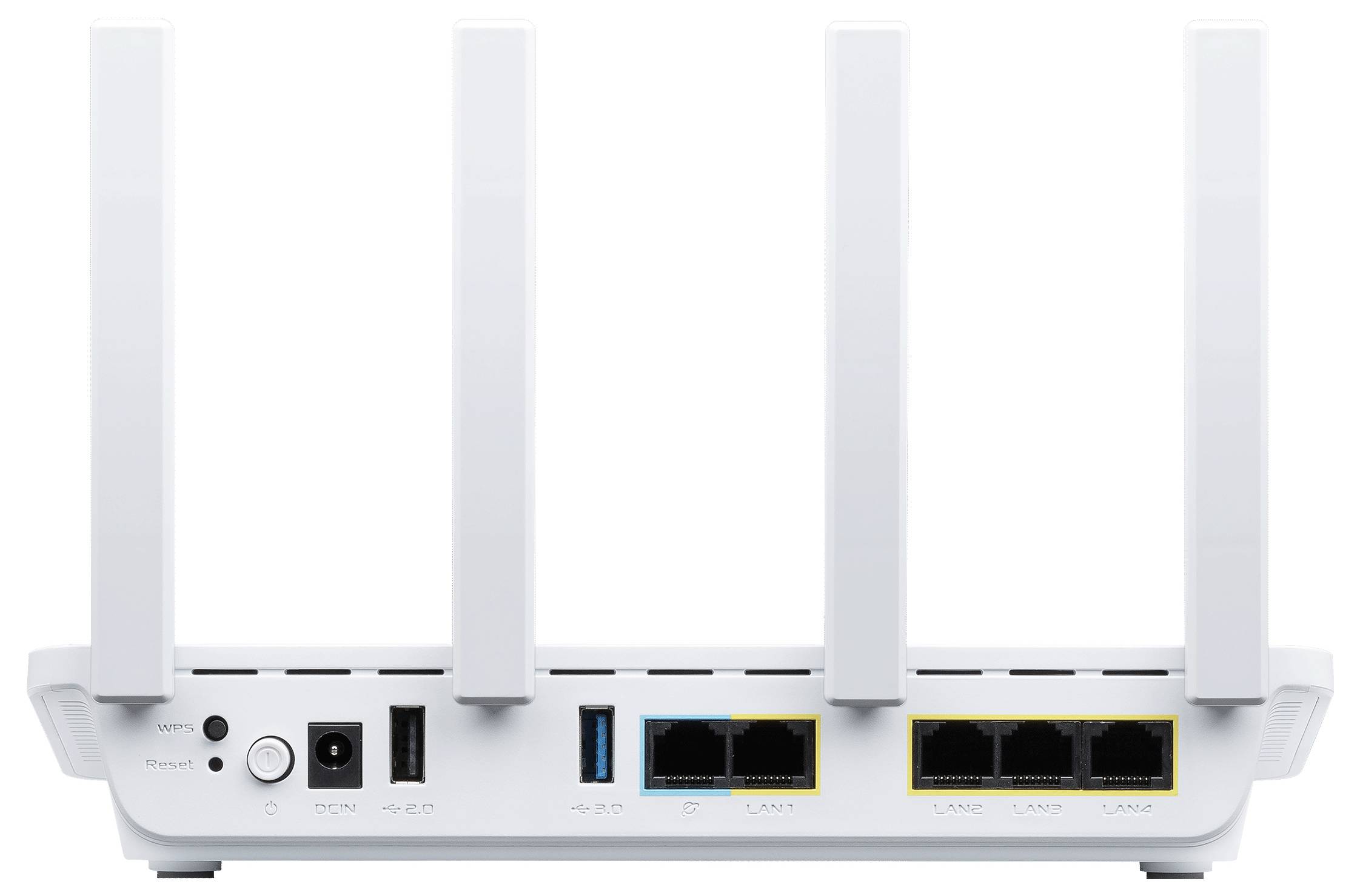 Arrière d'un routeur Wi-Fi avec quatre antennes, deux ports USB, une connexion d'alimentation et quatre ports LAN.