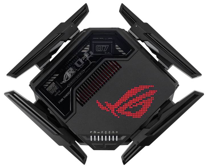 Routeur Wi-Fi noir, carré, avec des touches rouges et un design technologique. Des antennes symétriques émergent dans quatre directions.