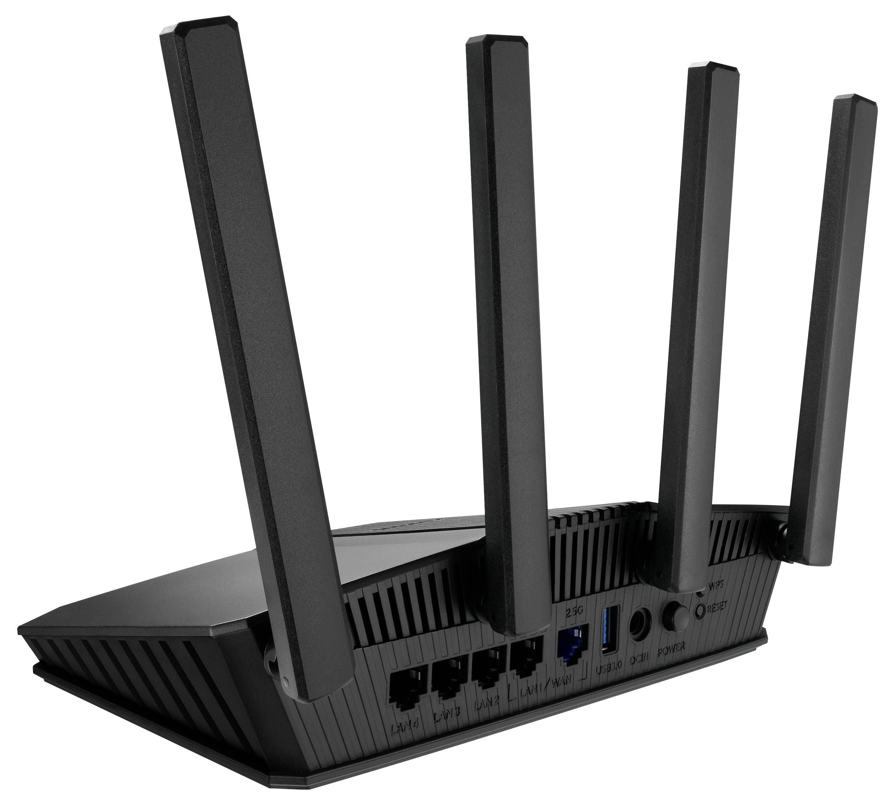 Un routeur Wi-Fi noir avec quatre antennes proéminentes, la face arrière montrant les ports et les voyants LED.