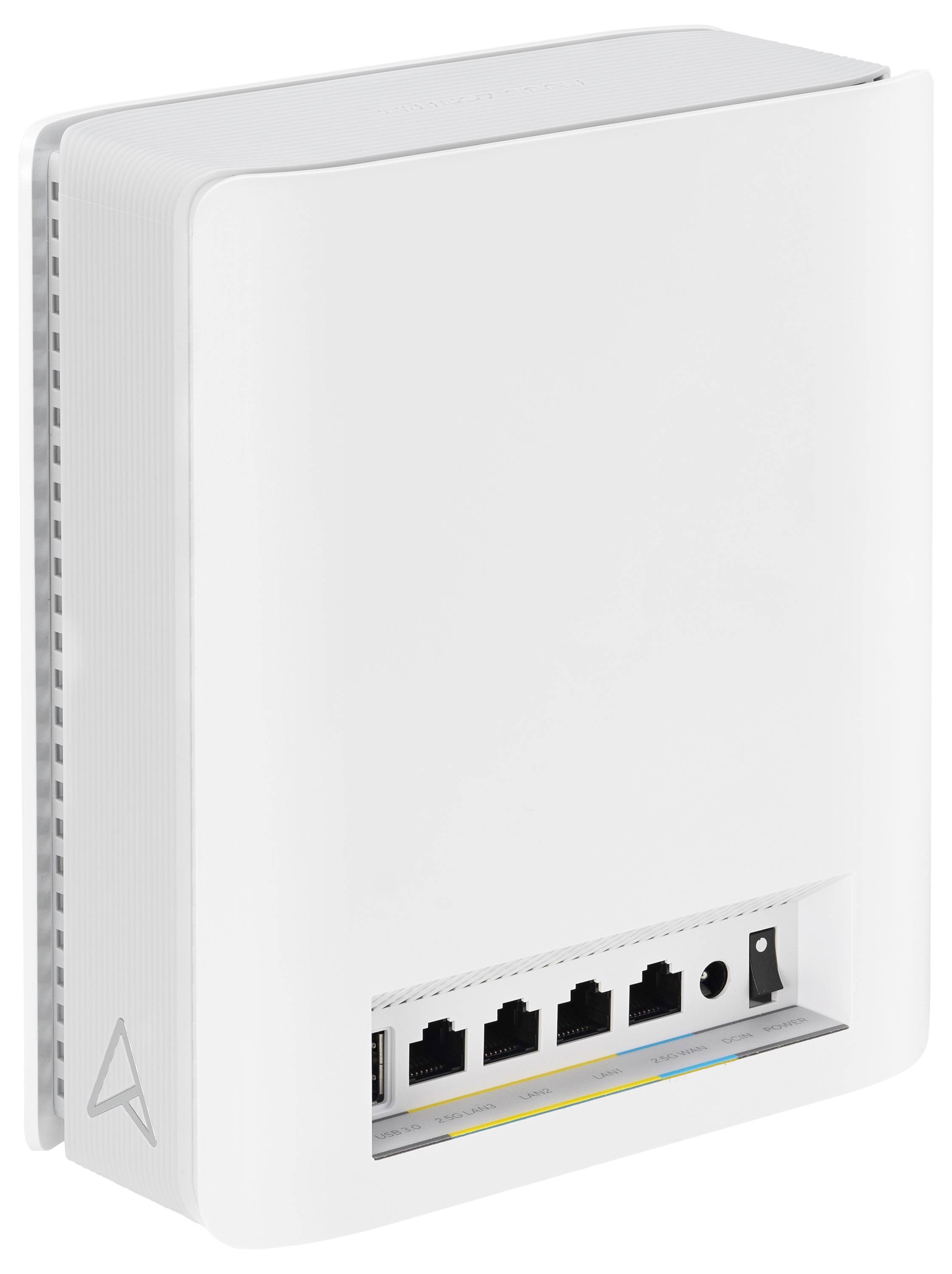 Routeur blanc avec plusieurs ports LAN et logo de marque discret sur le côté. Adapté aux réseaux domestiques ou de bureau.
