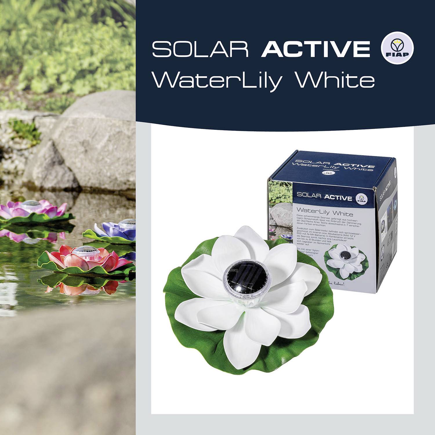 'SOLAR ACTIVE WaterLily White', Décoration de nénuphars solaire flottant dans un étang, avec emballage du produit.