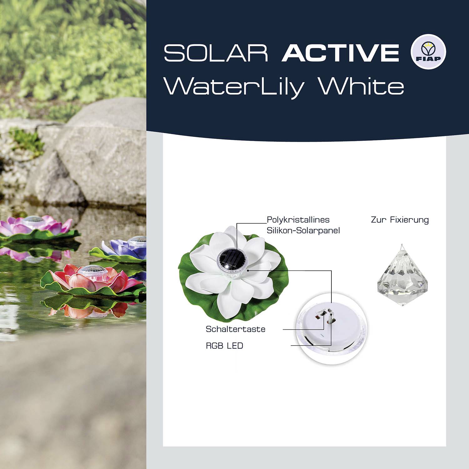 Lampe solaire 'Waterlily White' de Fiap avec panneau solaire en silicium polycristallin, bouton-poussoir, LED RVB et fixation.