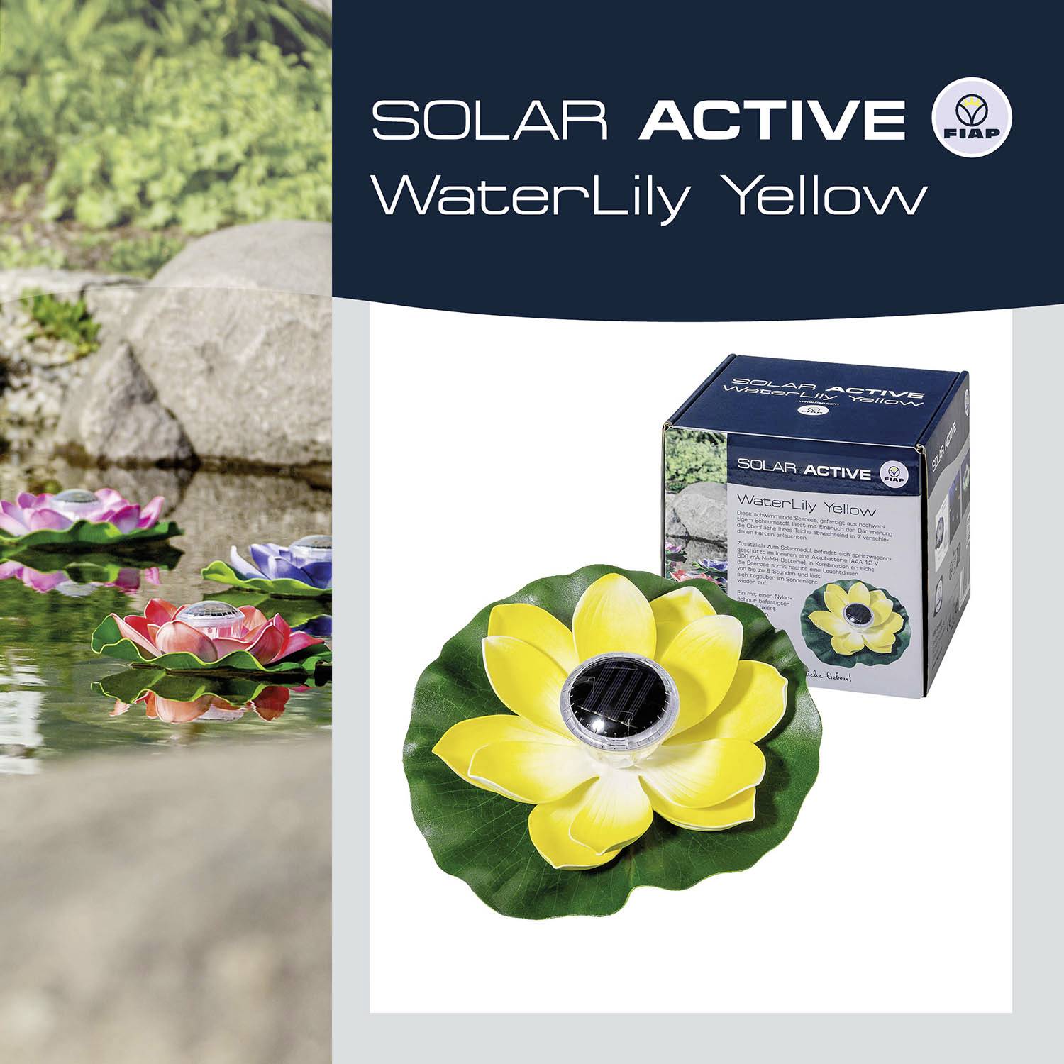 SOLAR ACTIVE nénuphar jaune flottant, alimenté par énergie solaire, à côté de son emballage de produit. Idéal pour les étangs.