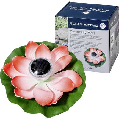Nénuphar rouge à énergie solaire avec feuilles, module solaire intégré et emballage. L'emballage présente la description du produit et des images de son environnement.