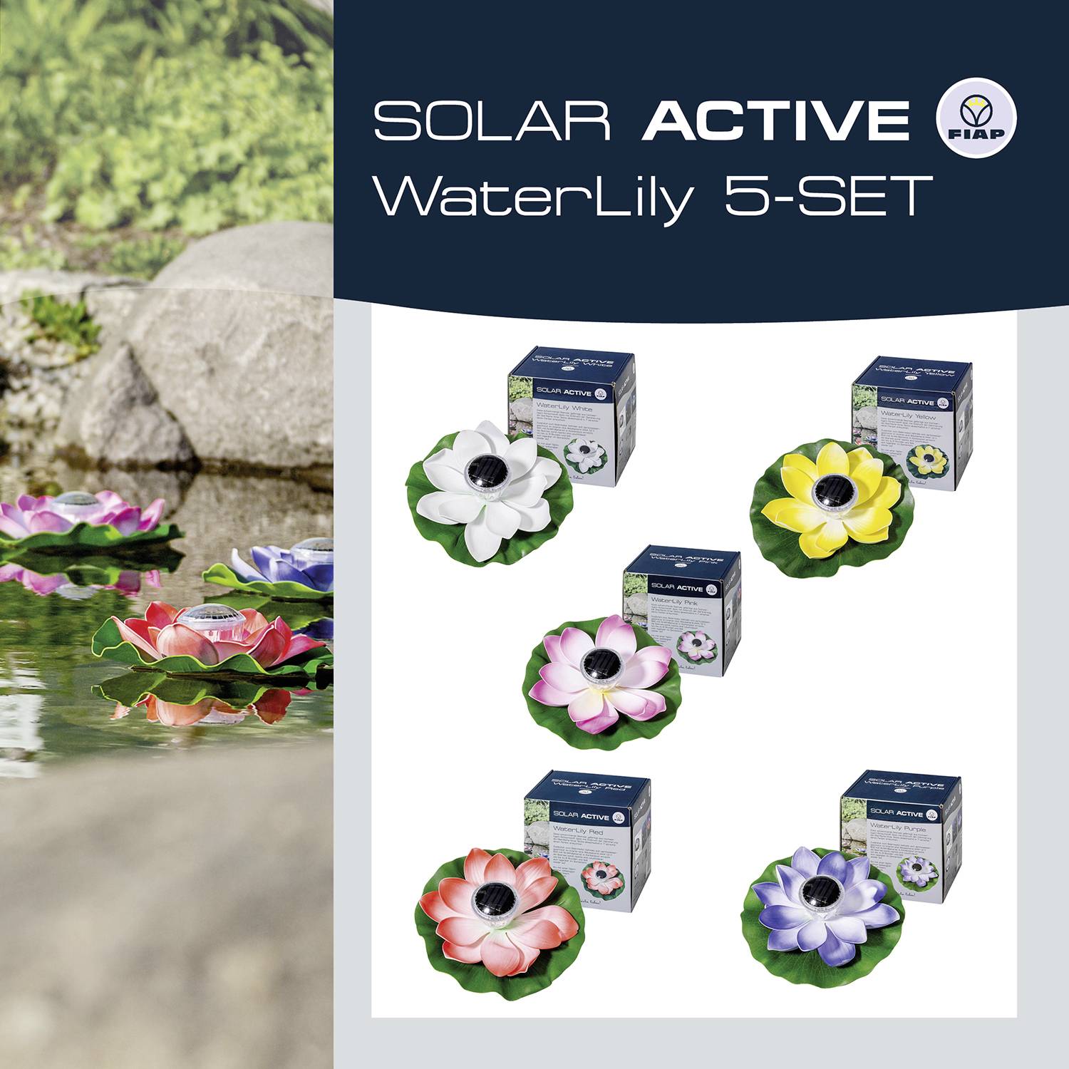 L'ensemble 'SOLAR ACTIVE Nénuphars 5-SET' présente cinq nénuphars en plastique avec des lampes solaires dans différentes couleurs, disposés à côté de leurs emballages.