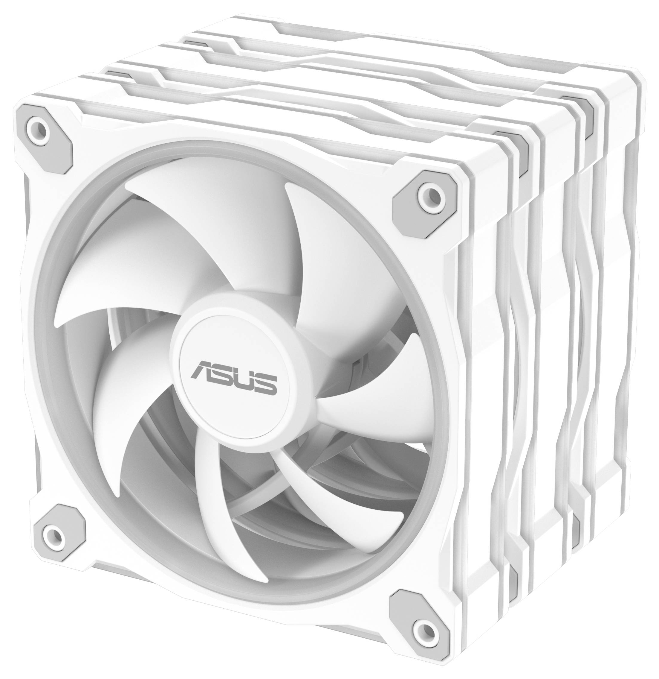 Un ventilateur de refroidissement ASUS blanc avec un design de pale centrale large, logé dans un cadre carré compact à l'extérieur texturé.