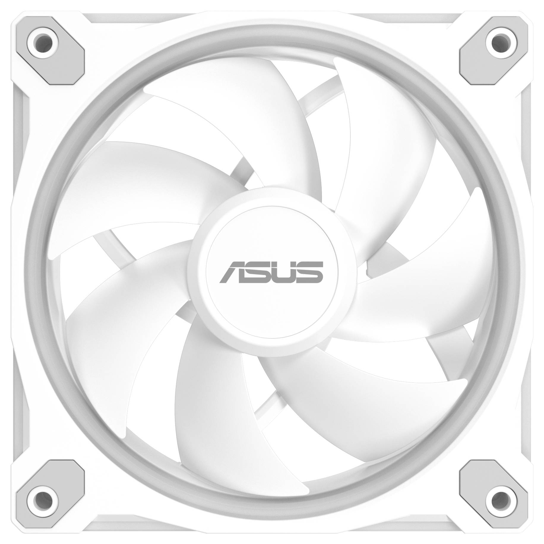 Un ventilateur ASUS blanc avec plusieurs pales à l'intérieur d'un cadre carré, conçu pour le refroidissement des systèmes informatiques.