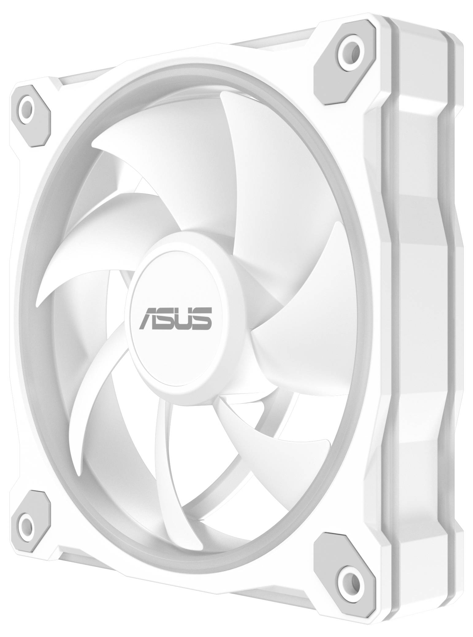 Un ventilateur d'ordinateur blanc avec le logo « ASUS » au centre, conçu avec plusieurs pales et un châssis carré pour une efficacité de refroidissement améliorée.