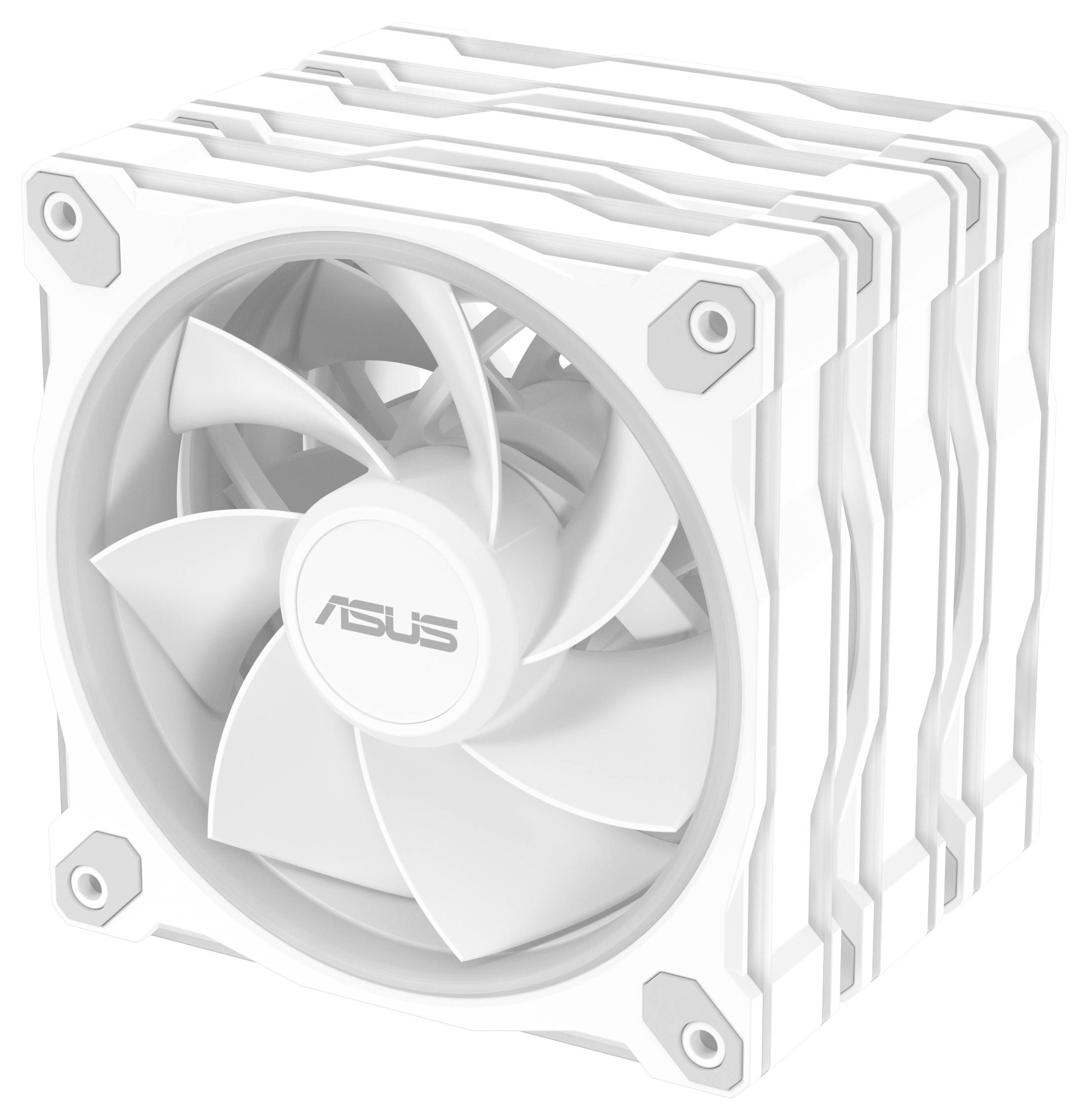 Un refroidisseur de PC blanc avec un ventilateur et un dissipateur thermique, présentant un design anguleux et superposé. Le logo ASUS est visible sur le moyeu du ventilateur.