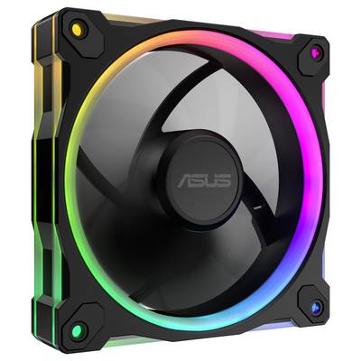 Ventilateur de refroidissement pour ordinateur RGB avec design de pale transparente, entouré d'un cadre LED arc-en-ciel, portant la marque 'Asus' au centre.