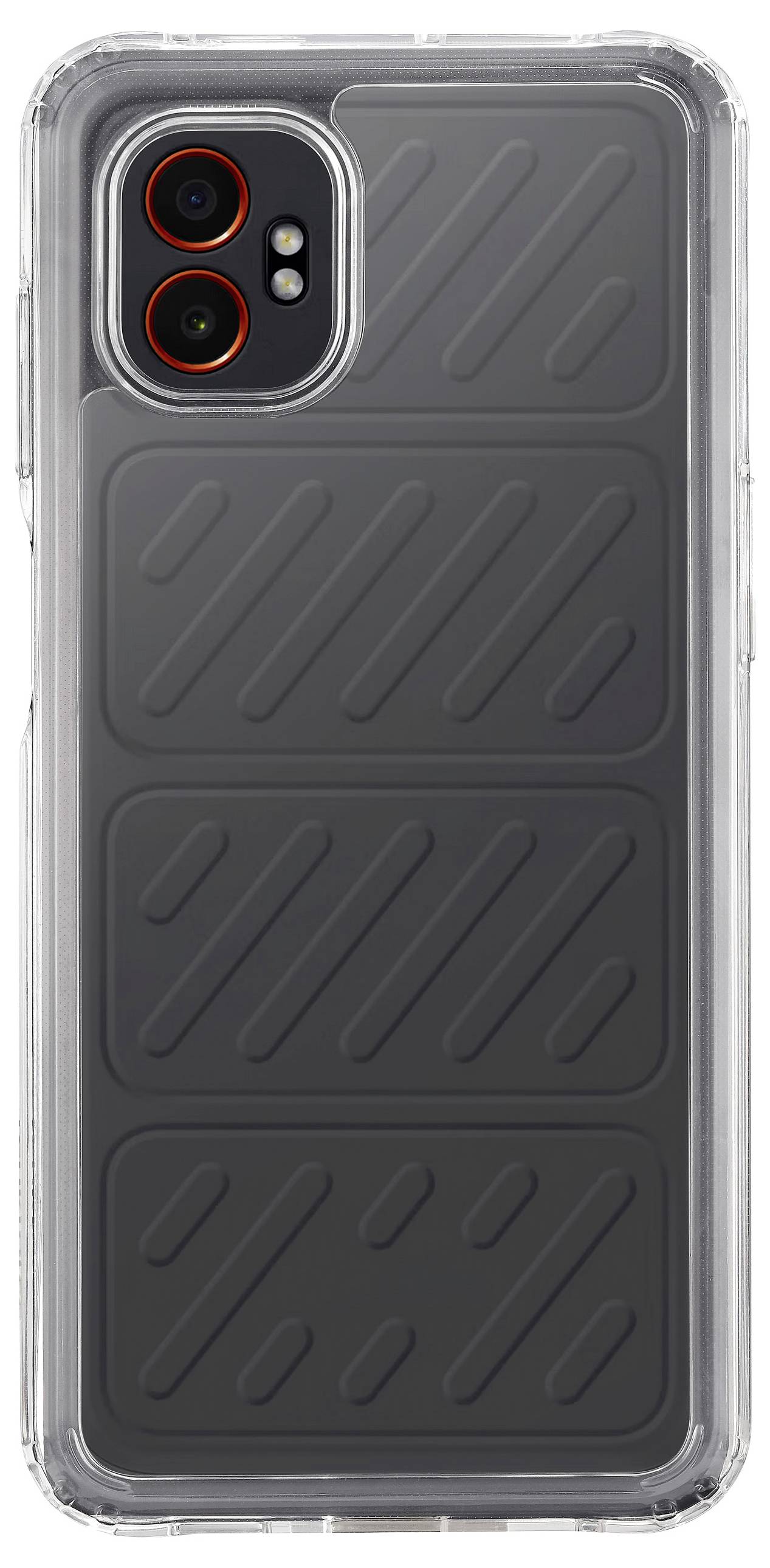 Un étui de smartphone noir avec un motif de lignes diagonales, conçu pour protéger l'arrière. L'étui présente deux découpes pour caméra avec des accents rouges.