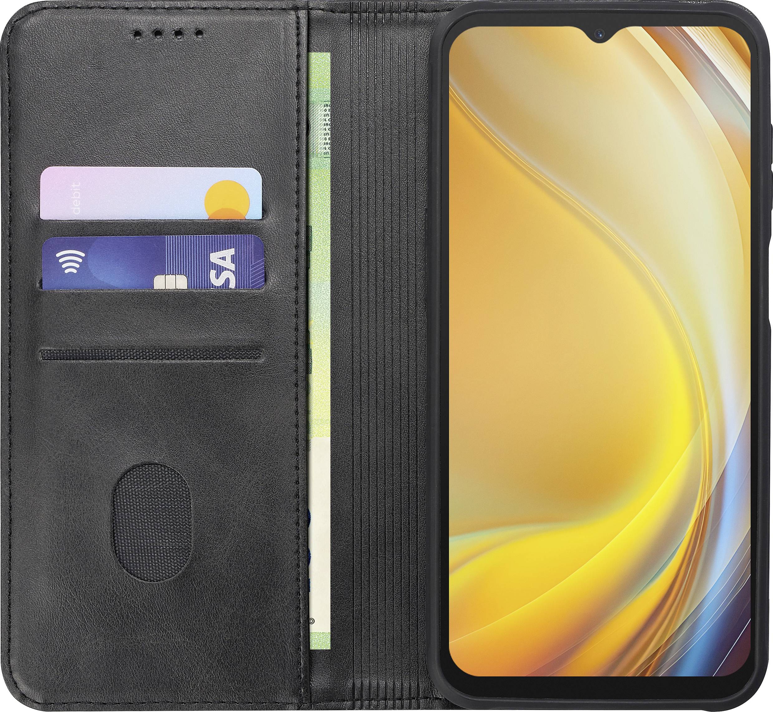 Un smartphone dans un étui portefeuille en cuir noir avec des emplacements pour cartes et un compartiment pour billets. L'écran du téléphone affiche un motif abstrait jaune et orange.