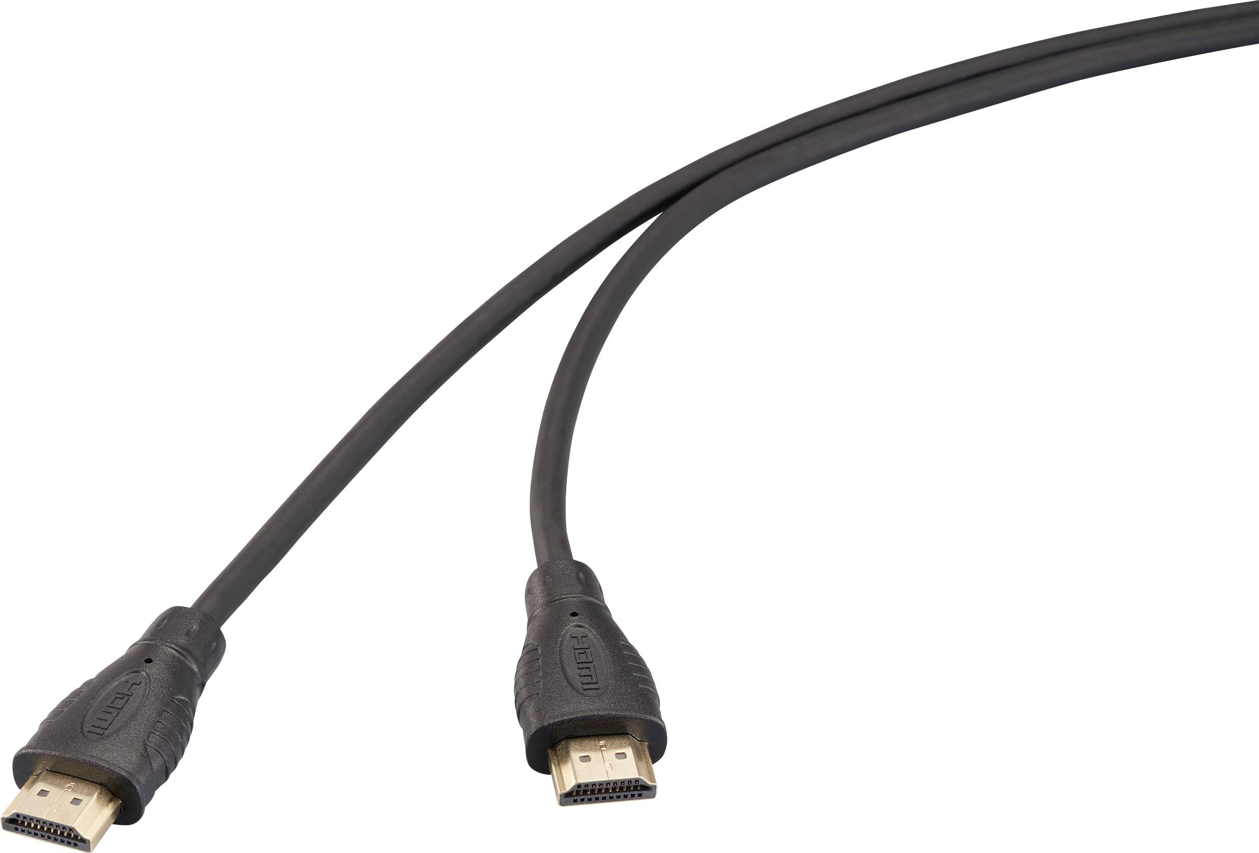 Un câble HDMI noir avec deux connecteurs, utilisé pour transmettre des signaux numériques vidéo et audio entre des appareils tels que des téléviseurs et des ordinateurs.