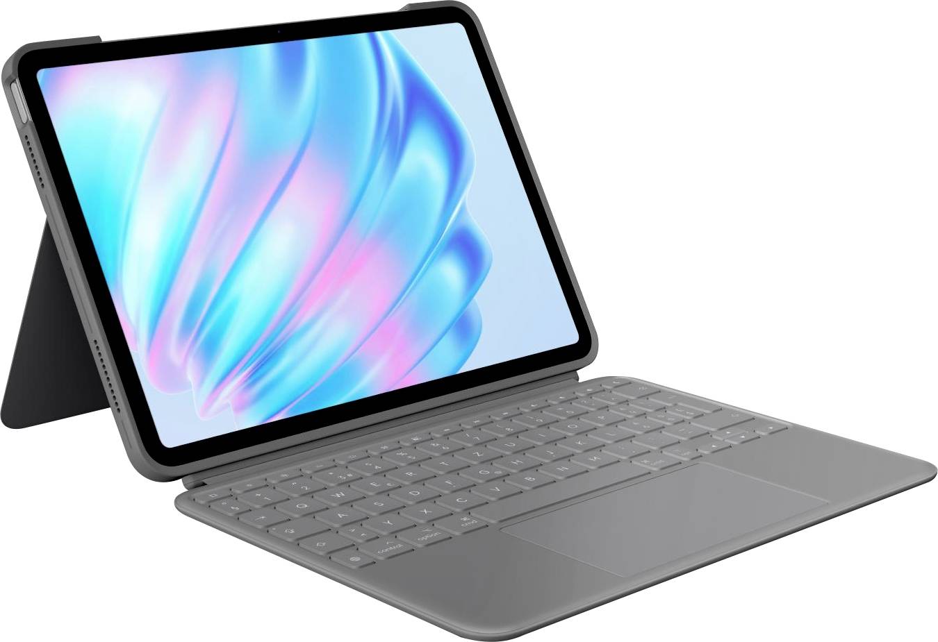Une tablette avec un clavier amovible est posée sur une table. Un motif abstrait multicolore est visible à l'écran.