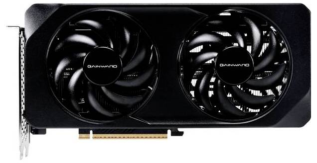 Carte graphique à deux ventilateurs dans un boîtier noir, compatible avec l'interface PCI-e ; aucune marque n'est identifiable.