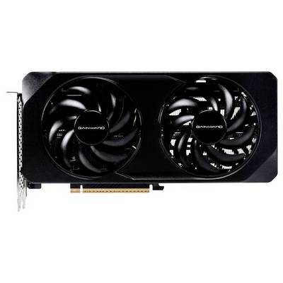 Carte graphique à deux ventilateurs dans un boîtier noir, compatible avec l'interface PCI-e ; aucune marque n'est identifiable.