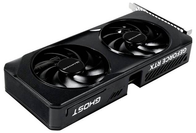 Carte graphique noire avec deux ventilateurs, portant les inscriptions latérales 'GHOST' et 'GEFORCE RTX'.