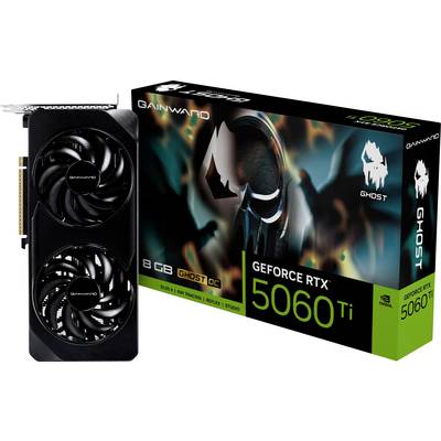 Carte graphique Gainward GeForce RTX 5060 Ti avec 8 Go de mémoire, dotée de deux ventilateurs. L'emballage présente le nom de la marque et les informations du modèle.