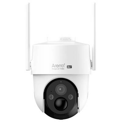 Caméra de surveillance blanche avec deux antennes et l'étiquette 'Arenti - Always on Video'. La caméra a un objectif noir au centre.