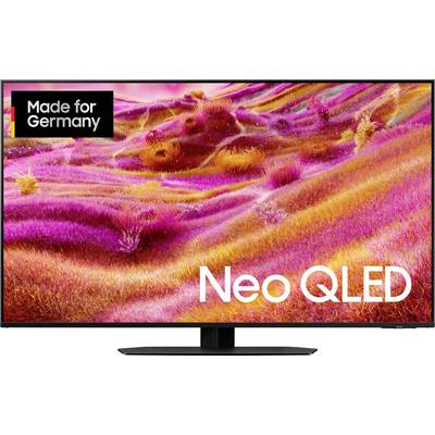 Une image de télévision montre un paysage abstrait coloré dans des tons roses et oranges avec l'inscription 'Neo QLED' et 'Made for Germany'.