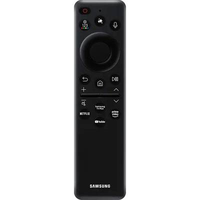 Télécommande noire avec différents boutons pour le contrôle du téléviseur et les services de streaming comme Netflix, Prime Video et YouTube.
