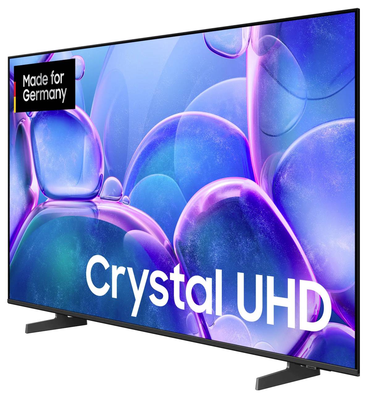 Téléviseur à écran plat avec l'inscription 'Crystal UHD'. Arrière-plan avec des bulles colorées et transparentes. En haut à gauche : 'Made for Germany'.