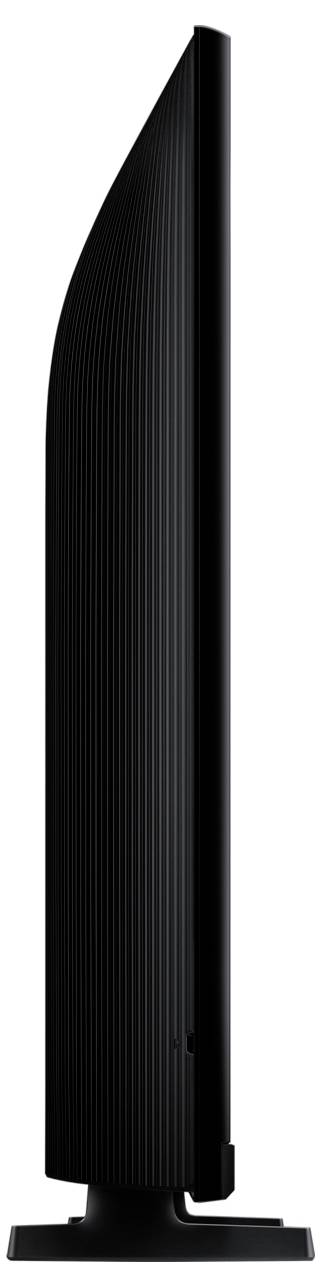 Vue de profil d'un moniteur noir et élancé sur un pied rond.