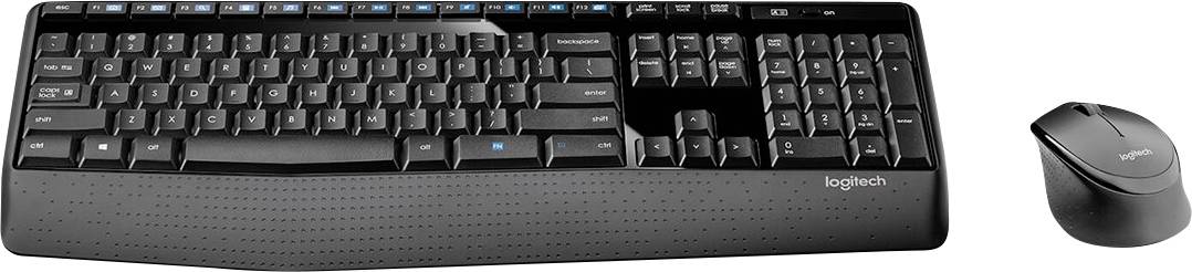 Un ensemble de clavier et souris sans fil noirs. Le clavier dispose de touches multimédia, et les deux appareils présentent des surfaces texturées arborant le logo de la marque.
