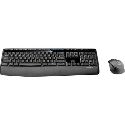 Un ensemble de clavier et souris sans fil noirs. Le clavier dispose de touches multimédia, et les deux appareils présentent des surfaces texturées arborant le logo de la marque.