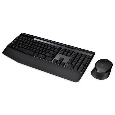 Ensemble clavier et souris sans fil ; clavier avec pavé numérique, touches de fonction ; couleur noire, design élégant ; souris dotée de deux boutons.