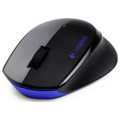 Souris sans fil Logitech au design ergonomique avec des touches bleues, équipée d'une molette de défilement et d'un petit voyant lumineux vert indiquant la mise sous tension.