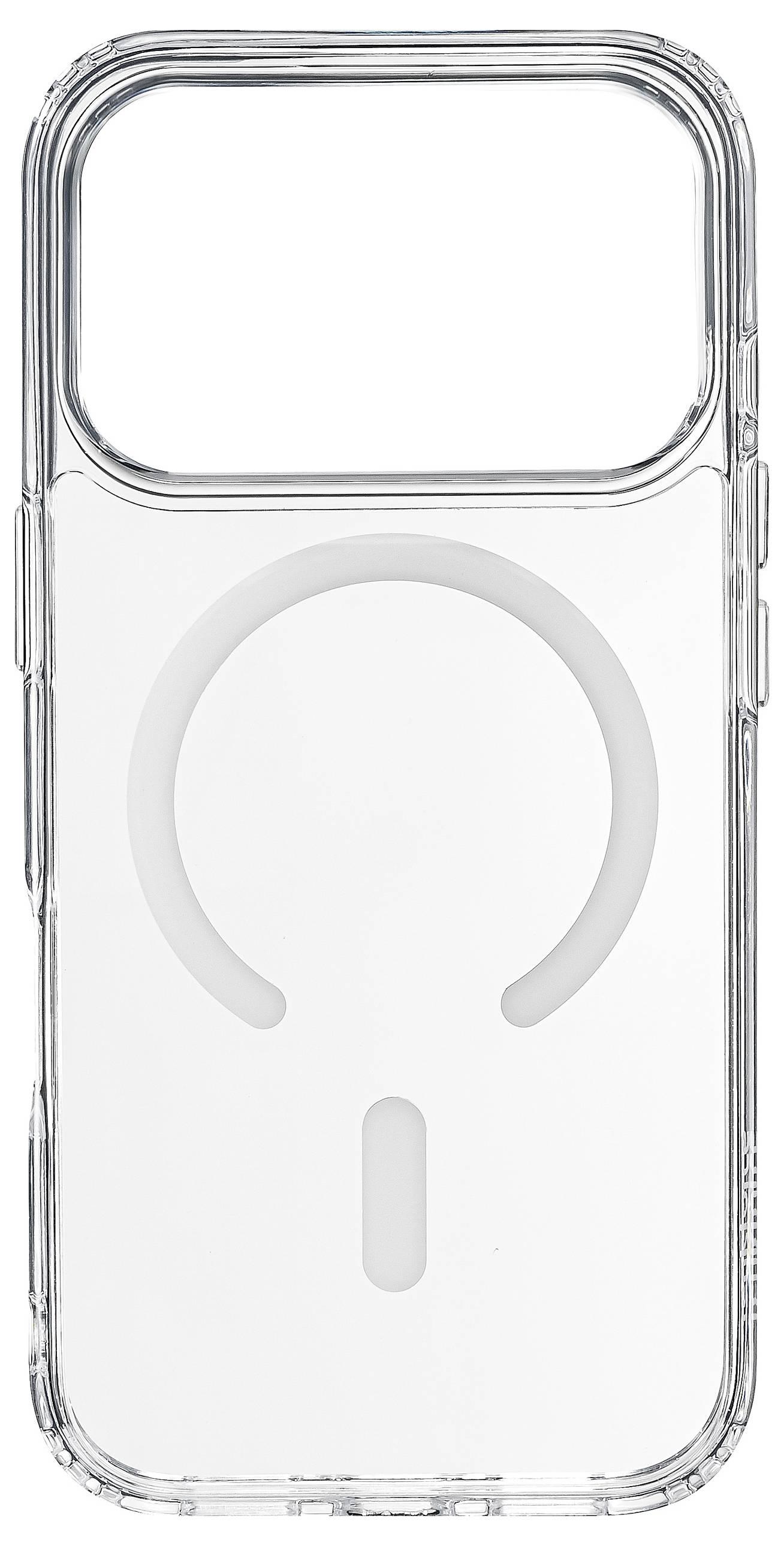 Un étui de téléphone transparent avec un design MagSafe circulaire à l'arrière.