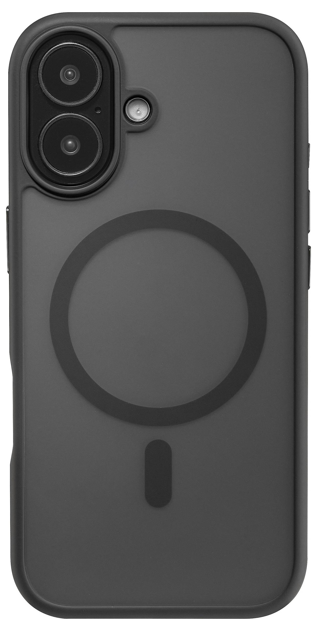 Un étui noir pour smartphone avec une découpe pour l'appareil photo et un design circulaire MagSafe à l'arrière, indiquant une compatibilité avec la charge sans fil.