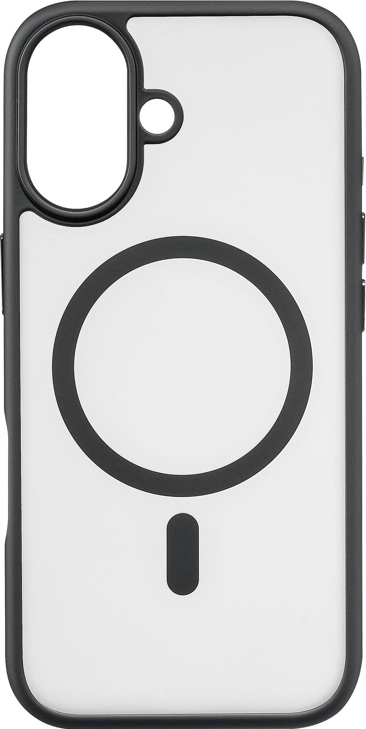 Vue arrière d'une coque de smartphone blanche avec une bordure noire, une découpe de caméra double, et un grand anneau de style MagSafe circulaire centré à l'arrière.