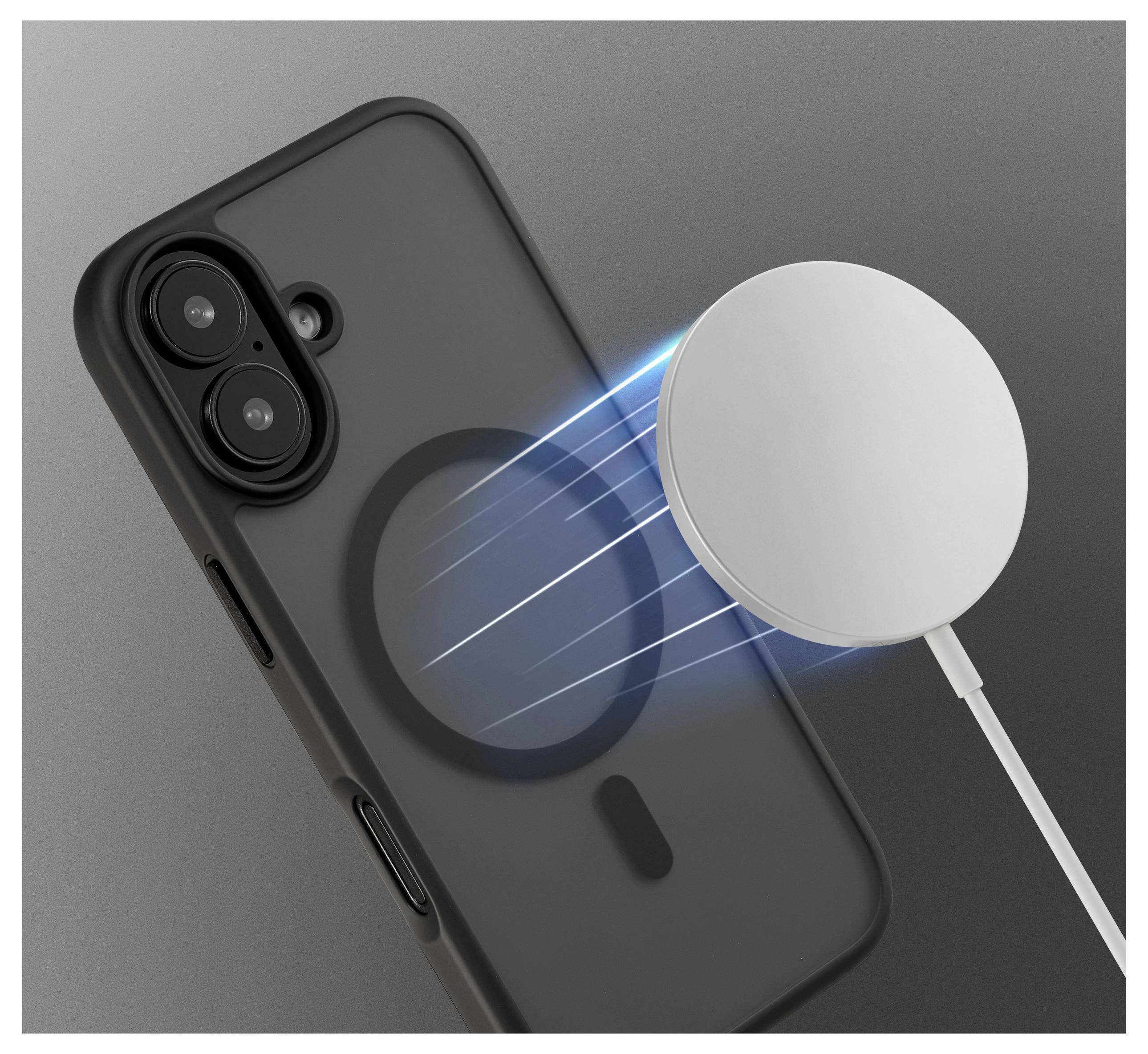 Un smartphone doté d'un étui noir attire un chargeur magnétique circulaire, démontrant sa capacité de charge sans fil avec des lignes d'énergie bleues.