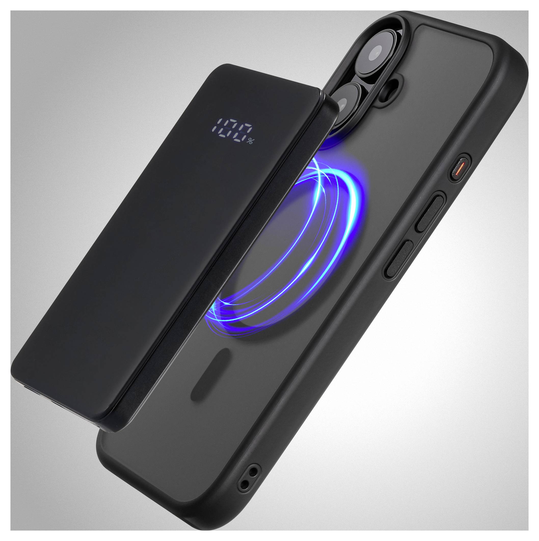 Un smartphone noir avec des lignes bleutées brillantes près de la moitié supérieure et une batterie externe flottant près de l'arrière du téléphone.