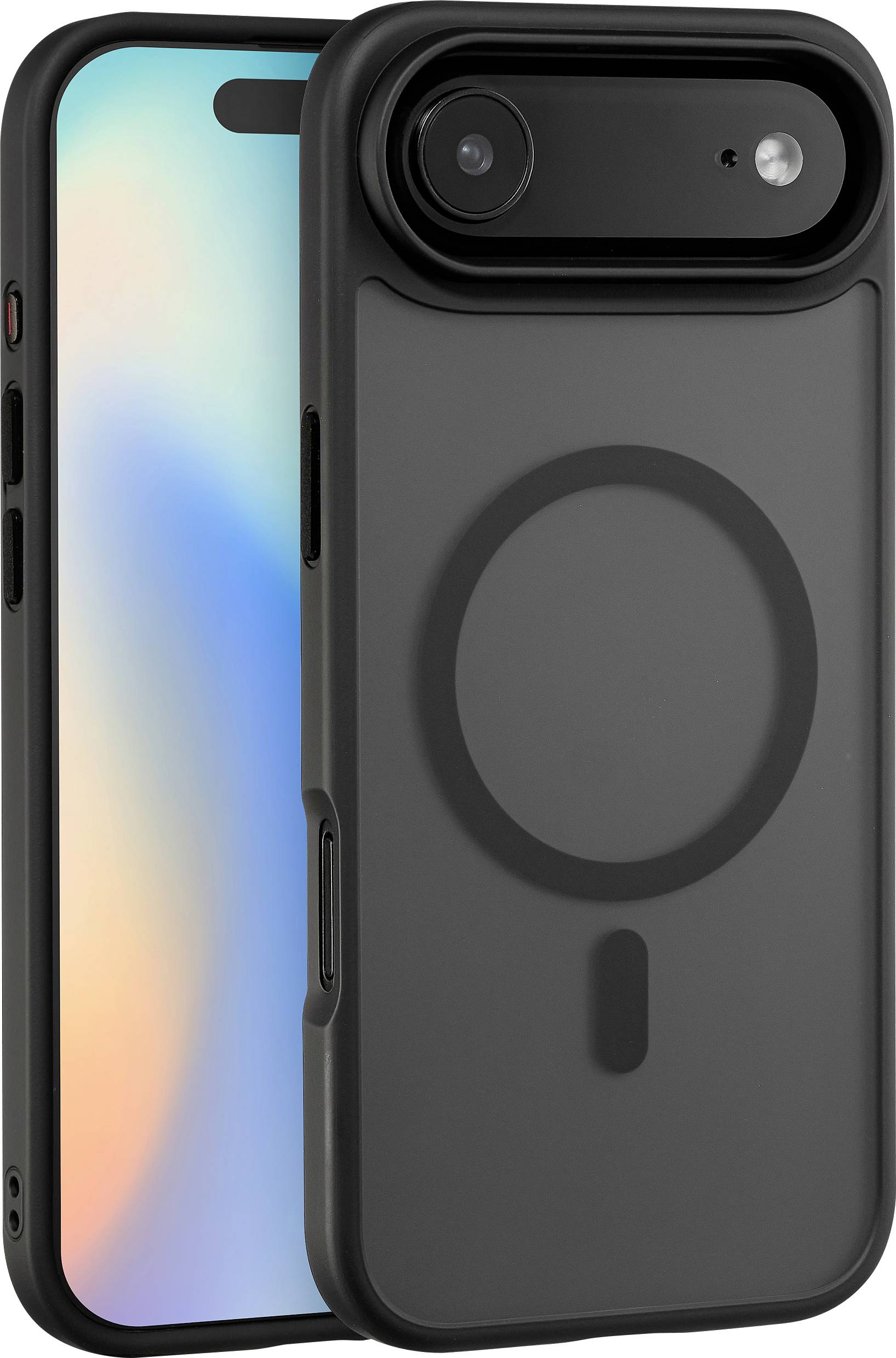 Un étui de smartphone noir est présenté avec un design circulaire à l'arrière, indiquant une compatibilité MagSafe. Un téléphone de simulation est à l'intérieur.