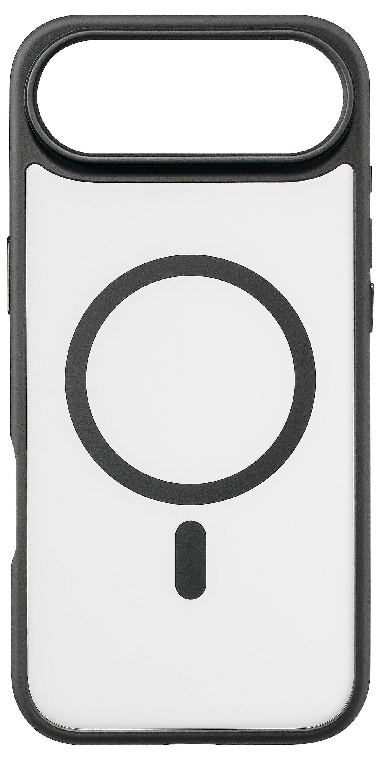 Un étui de téléphone blanc avec un design en anneau et en ligne noir à l'arrière, comportant une grande découpe en haut pour l'appareil photo.