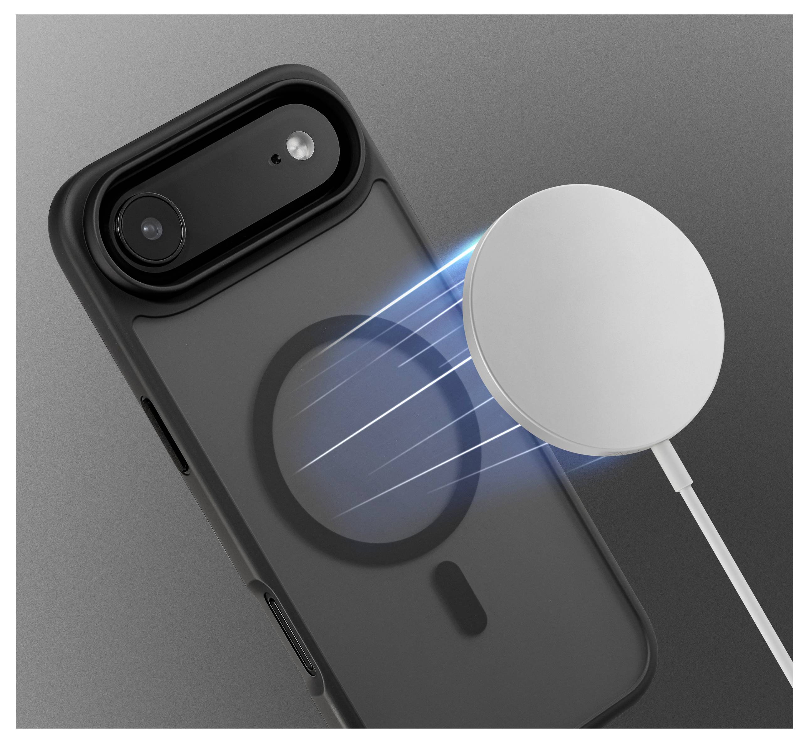 Un smartphone avec un boîtier noir est montré en alignement avec un chargeur sans fil magnétique, indiqué par des lignes bleues représentant la connectivité.