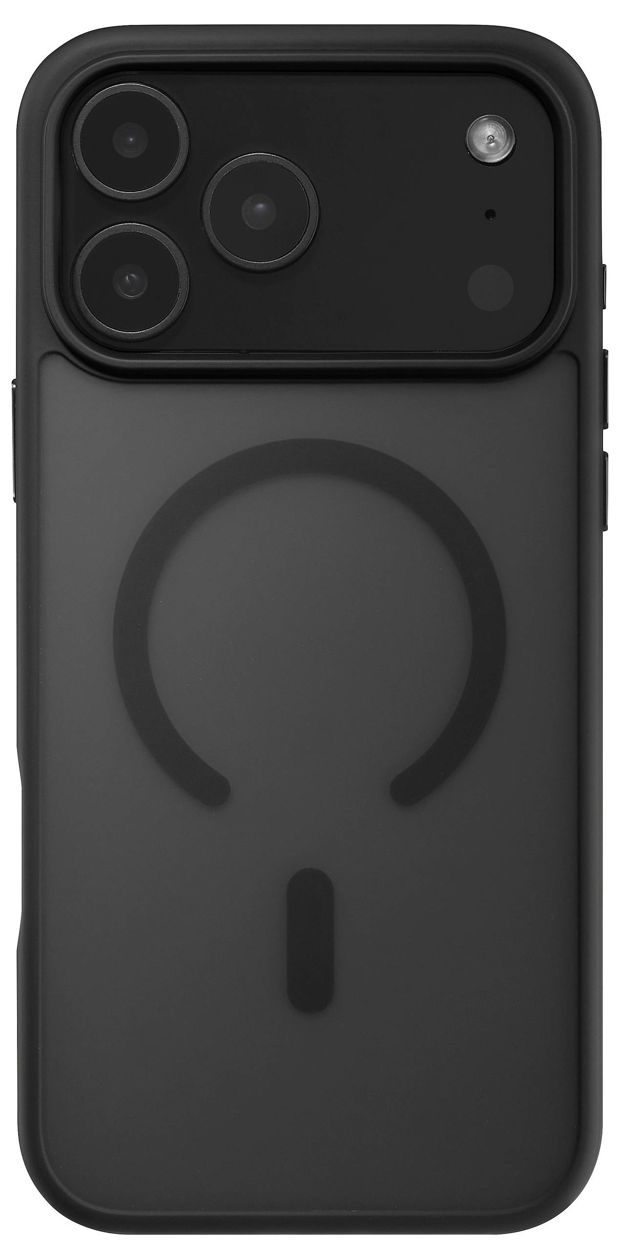 Un étui noir pour iPhone avec trois découpes pour caméras et un motif circulaire magnétique central conçu pour les accessoires MagSafe.
