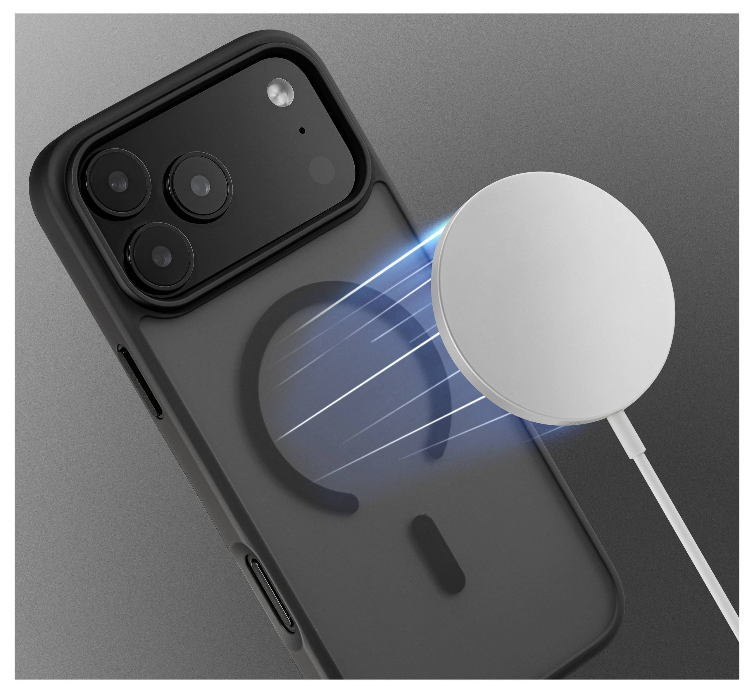 Un smartphone avec un étui noir est présenté de dos. Un appareil de charge sans fil est aligné, avec des rayons lumineux bleus indiquant la connectivité.