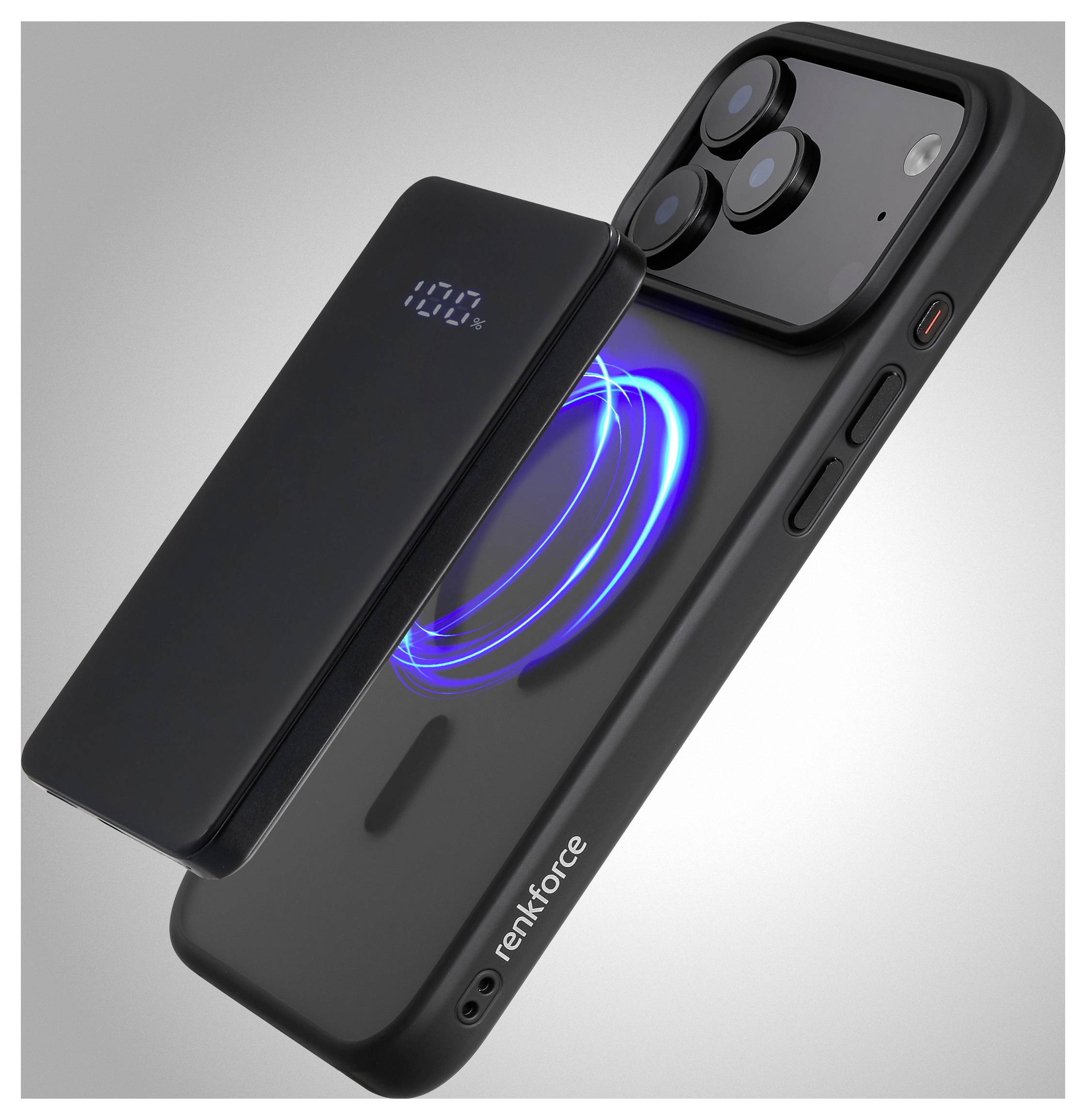 Un étui de chargement sans fil pour téléphone de la marque 'renkforce', affichant une lumière de charge bleue et un pourcentage de charge illuminé, à côté d'une batterie externe élégante.