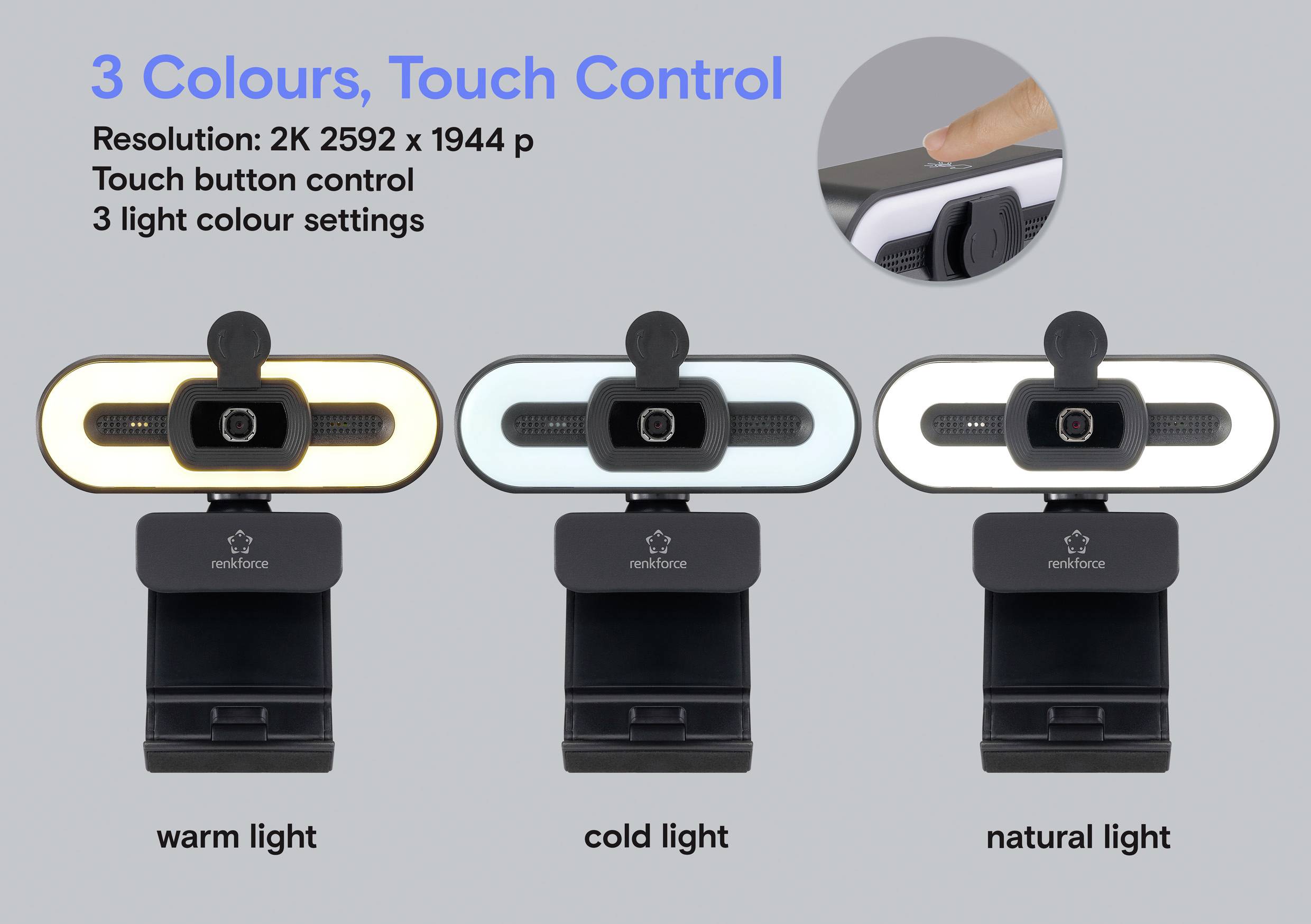 Fonctionnalités de la webcam : résolution 2K, contrôle tactile, trois réglages d'éclairage (chaud, froid, naturel).